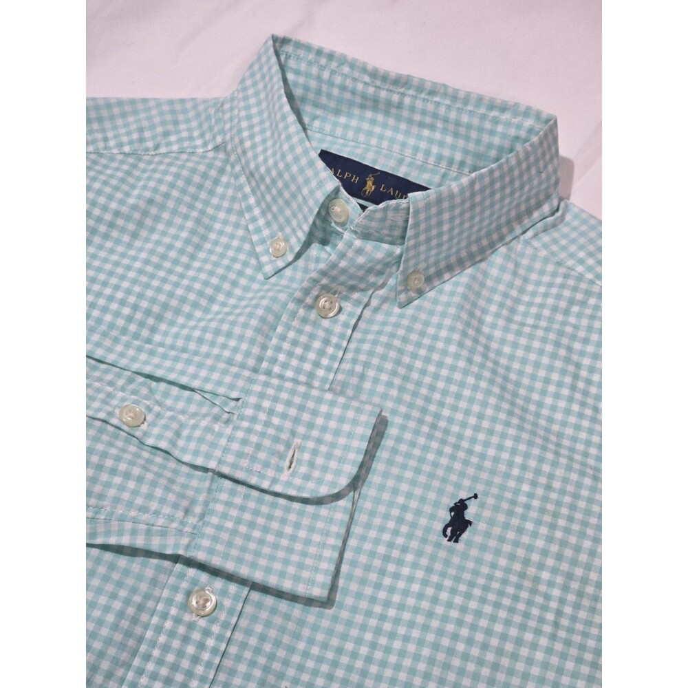 Polo Ralph Lauren AQUA BLUE GINGHAM CHECK Shirt Boys M 10/12 Blue PONY NWOT